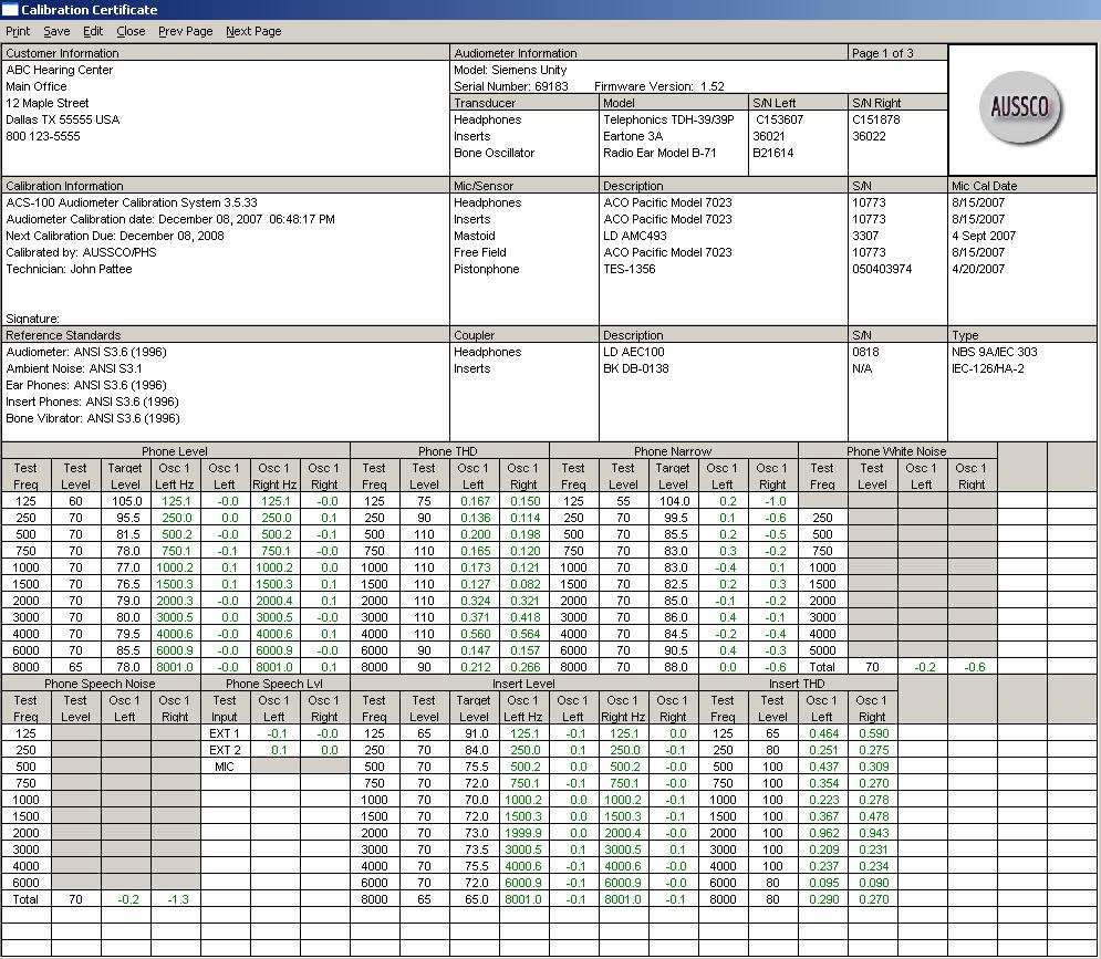 Example audiometer calibration certificate